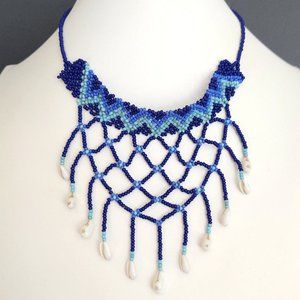 Shades of blue seed bead and shell necklace